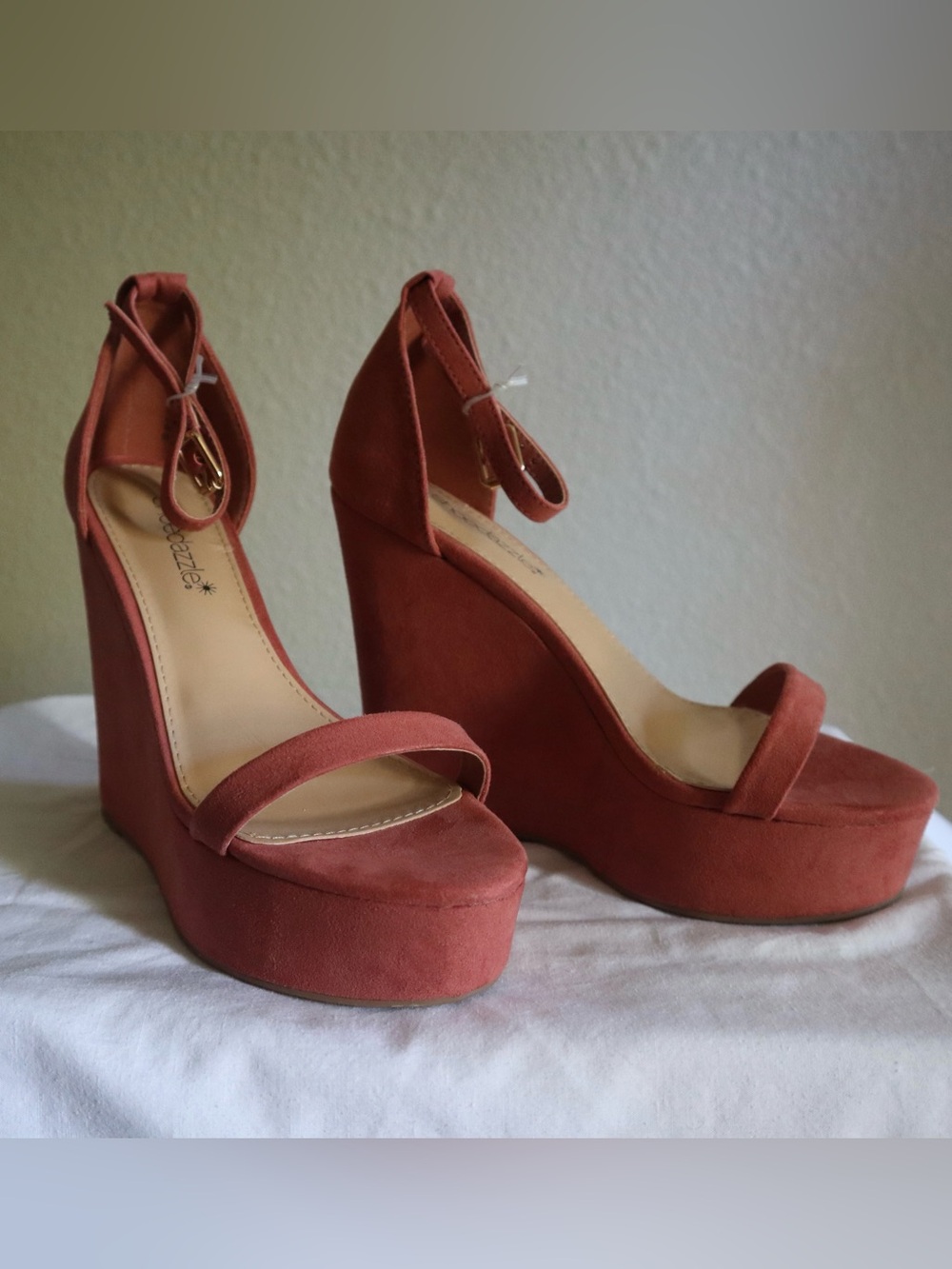 Dusty Rose Pink Suede Platform Wedge Sandals with Ankle Strap